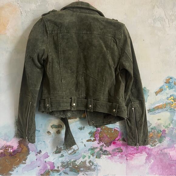BlankNYC XSmall Olive Green Suede Moto Jacket Real Leather Belted Zippers - Picture 14 of 15